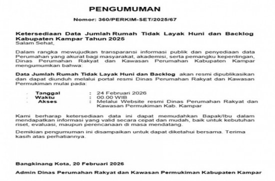 Ketersediaan Data Jumlah Rumah Tidak Layak Huni dan Backlog Kabupaten Kampar 2026